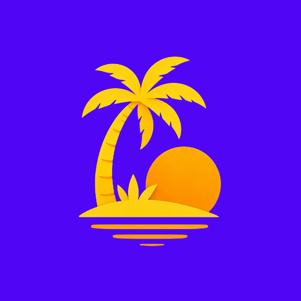 Thai Sabai illustration of a palm tree and sunset over the sea